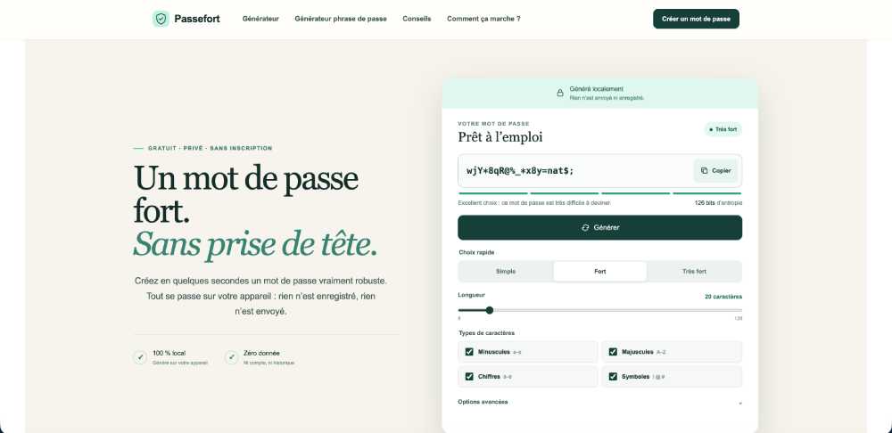 Aperçu du générateur de mots de passe Passefort