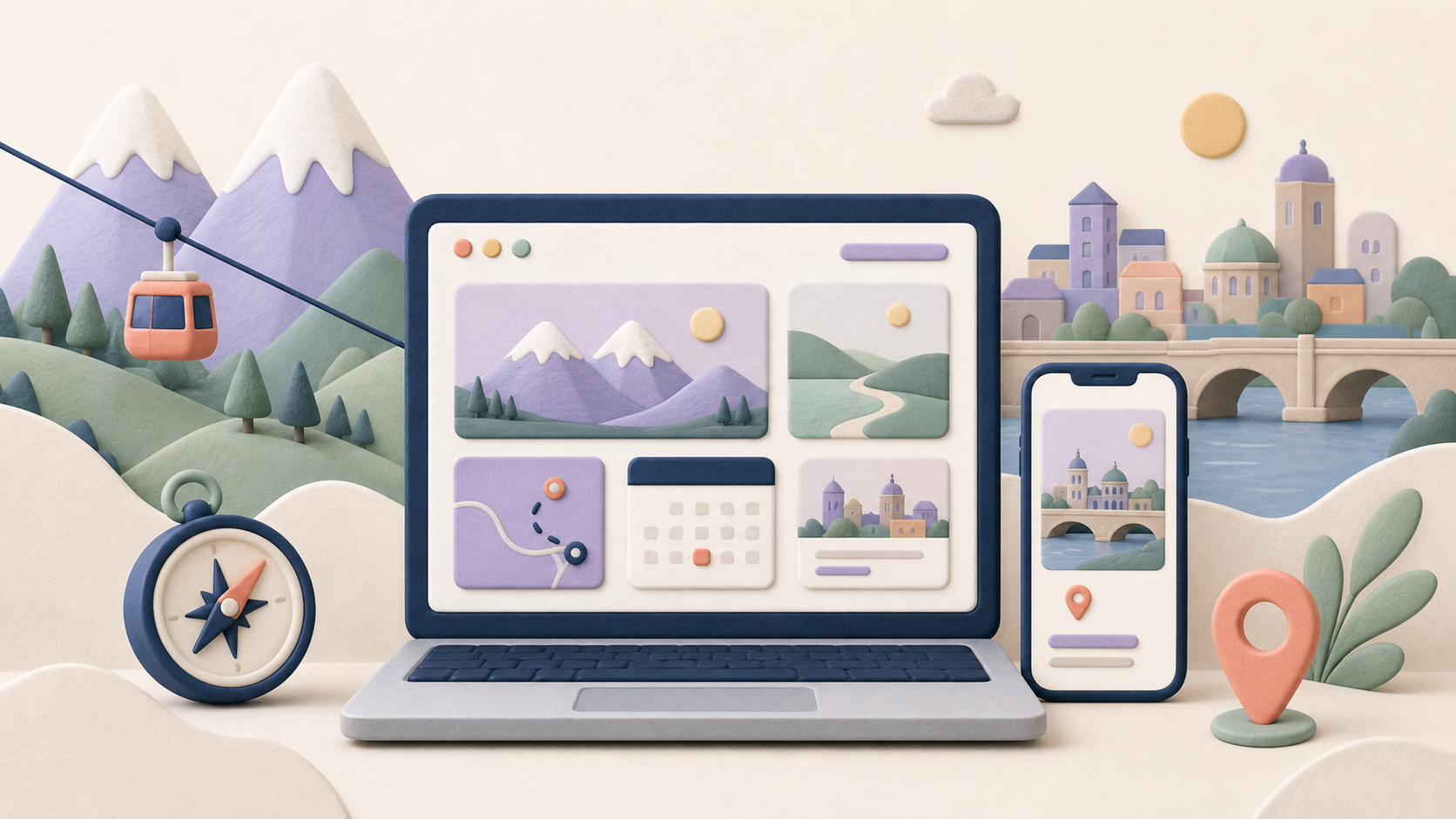 Illustration d’un site internet touristique consulté sur ordinateur et mobile, entre montagne et destination urbaine