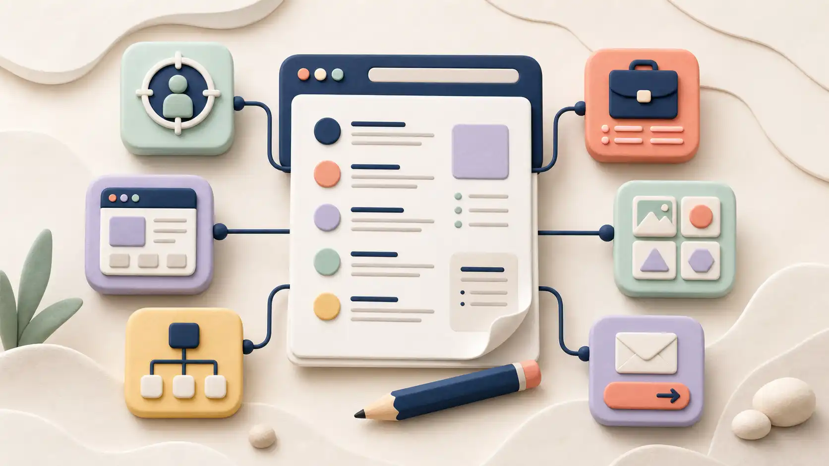 Illustration d’un plan de contenus reliant les pages, services, projets, cible et contact d’un site vitrine