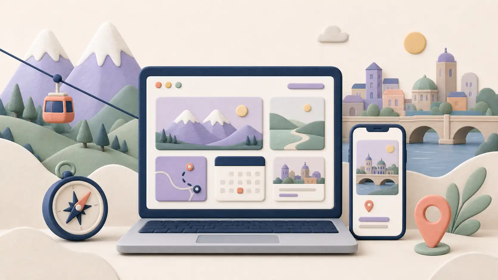 Illustration d’un site internet touristique consulté sur ordinateur et mobile, entre montagne et destination urbaine