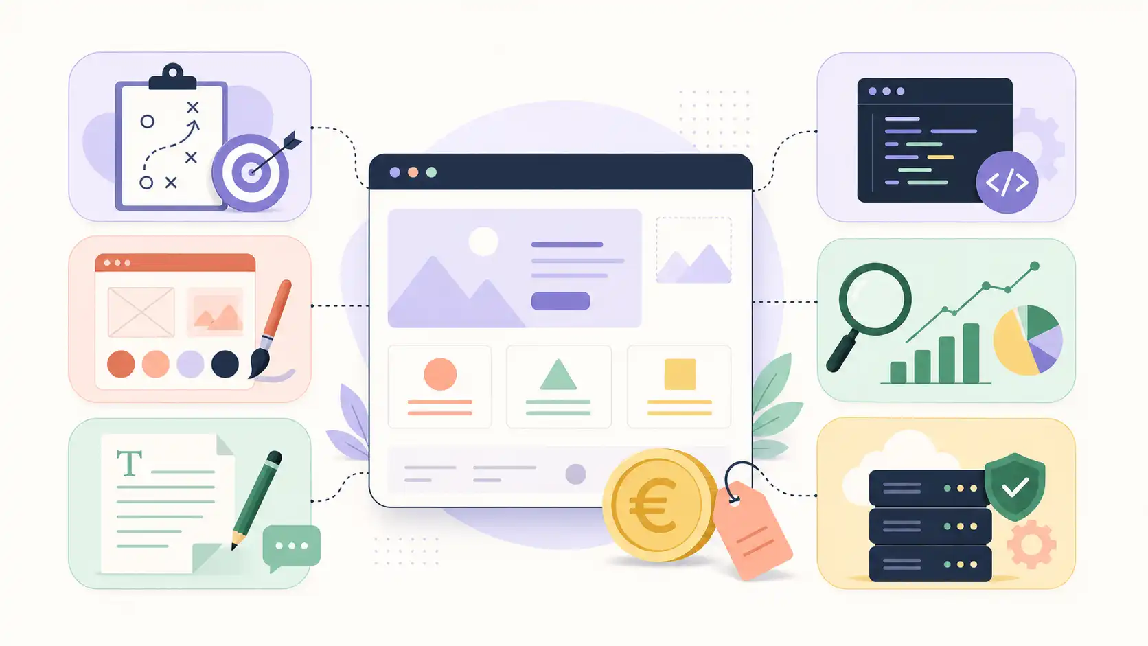 Illustration des principaux postes de coût d’un site internet : stratégie, design, contenus, développement, SEO et maintenance