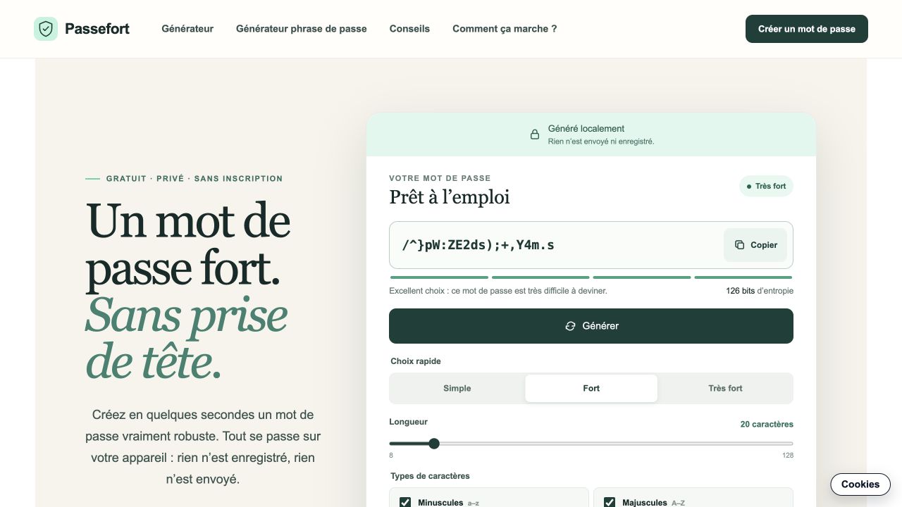 Interface du générateur de mot de passe local Passefort